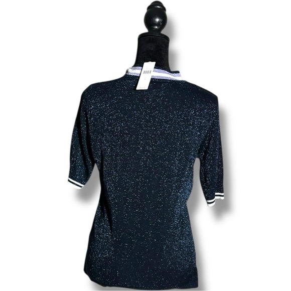 Anthropologie NUMPH Sparkly Navy with White Accents Short Sleeve Tie Collar Top - Picture 8 of 16